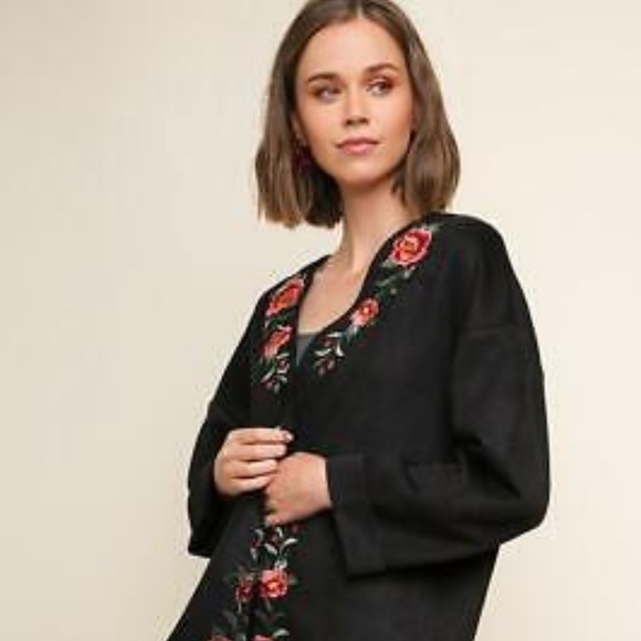 Umgee faux suede floral embroidered open front jacket - Picture 2 of 8